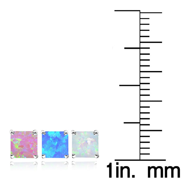 Sterling Silver Multi Color Created Opal Set of 3 Square Stud Earrings Set 4mm