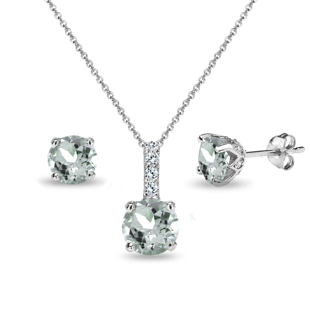 Sterling Silver Light Aquamarine & White Topaz Round Crown Stud Earrings & Necklace Set