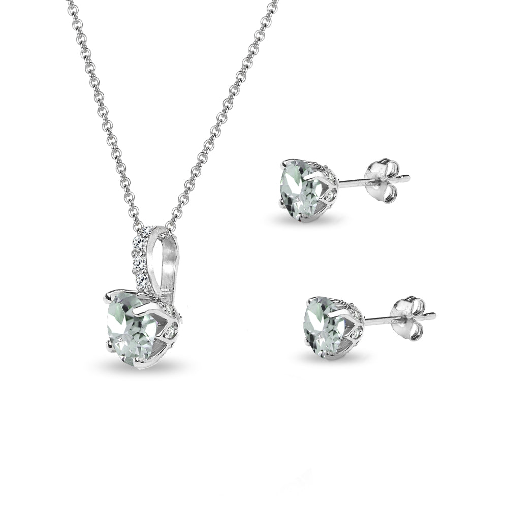 Sterling Silver Light Aquamarine & White Topaz Round Crown Stud Earrings & Necklace Set-2