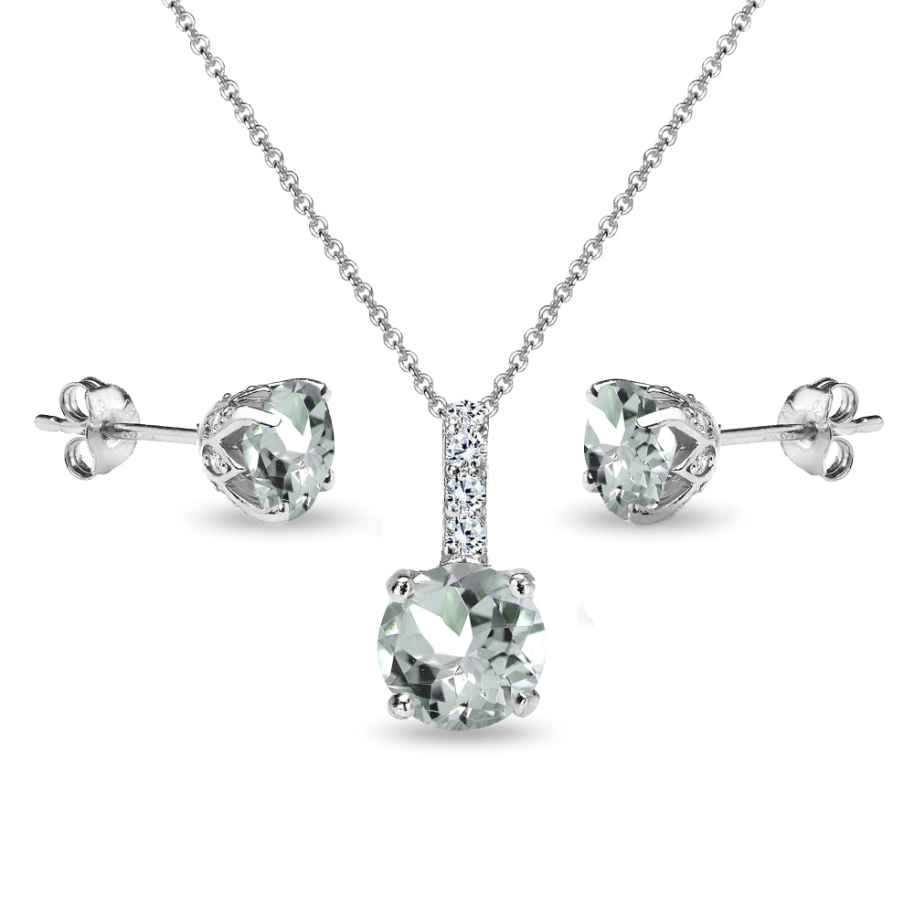 Sterling Silver Light Aquamarine & White Topaz Round Crown Stud Earrings & Necklace Set-3