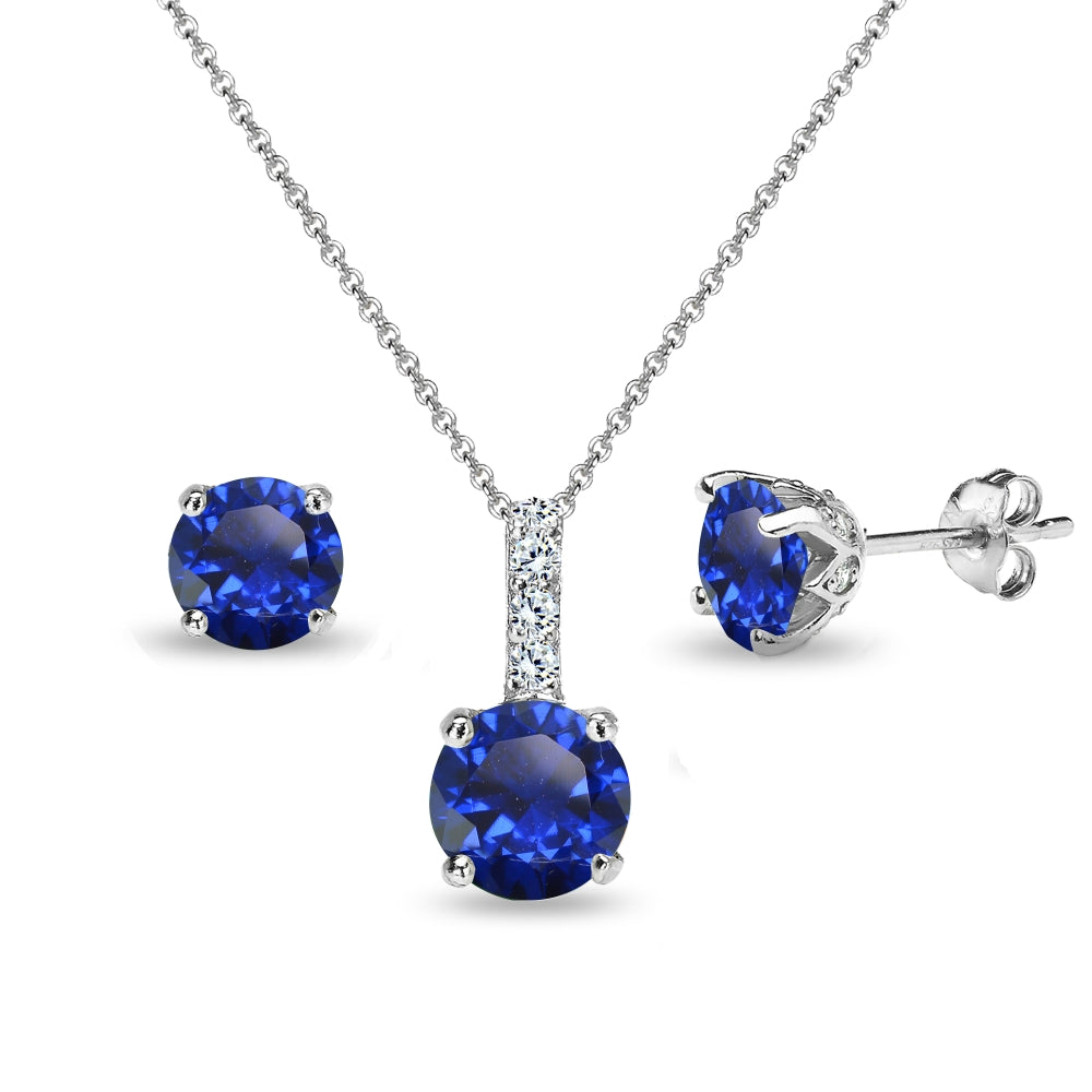 Sterling Silver Created Blue Sapphire & White Topaz Round Crown Stud Earrings & Necklace Set