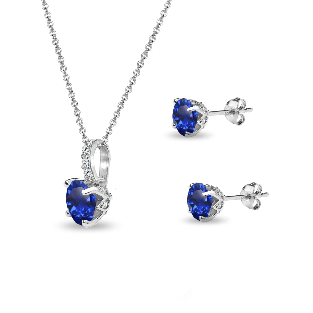 Sterling Silver Created Blue Sapphire & White Topaz Round Crown Stud Earrings & Necklace Set-2