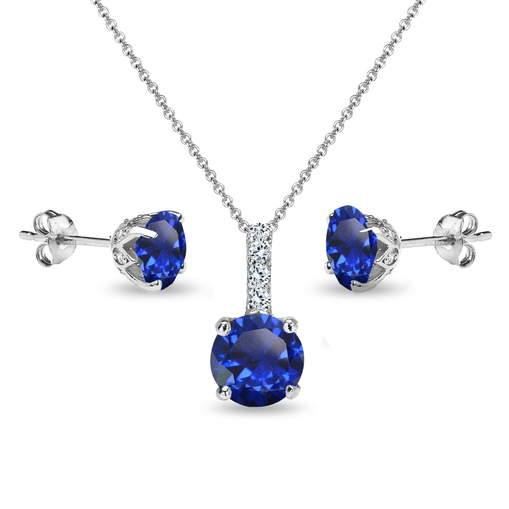 Sterling Silver Created Blue Sapphire & White Topaz Round Crown Stud Earrings & Necklace Set-3