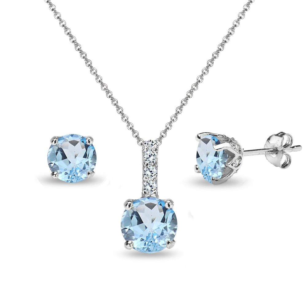 Sterling Silver Blue Topaz & White Topaz Round Crown Stud Earrings & Necklace Set