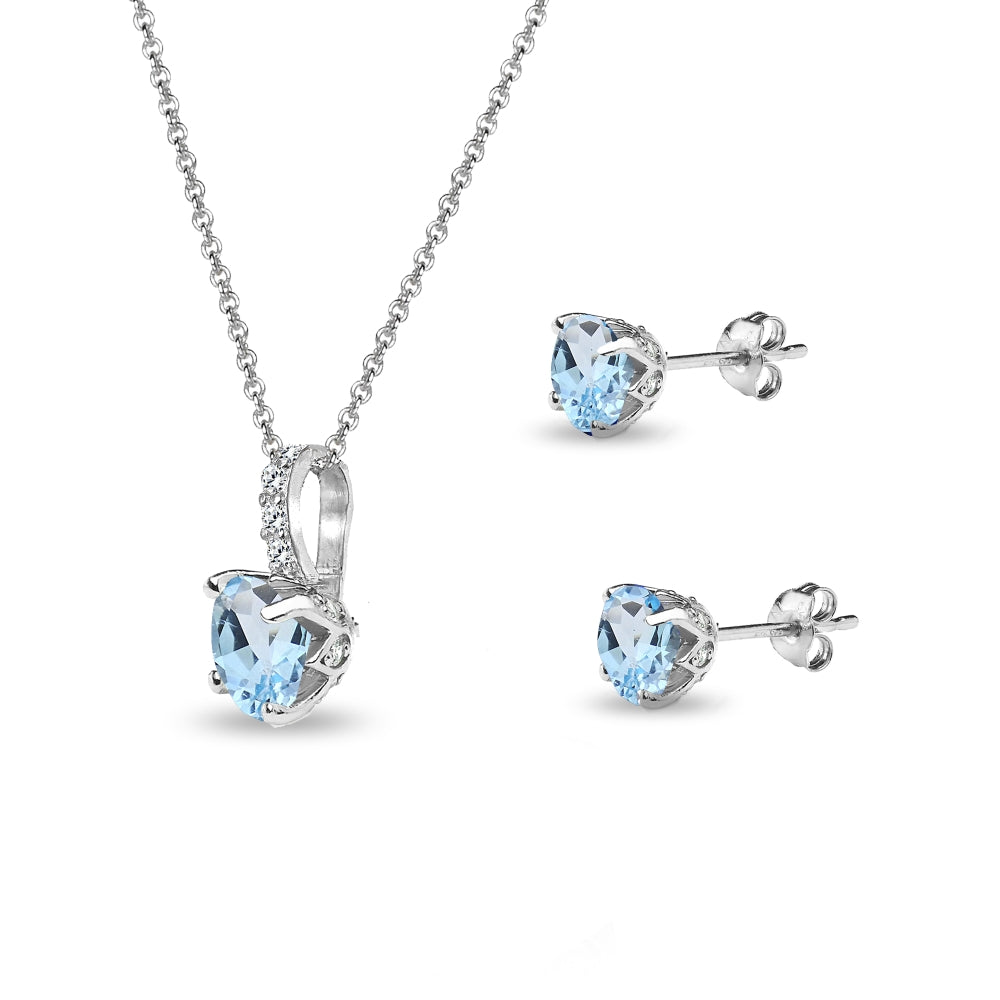 Sterling Silver Blue Topaz & White Topaz Round Crown Stud Earrings & Necklace Set-2
