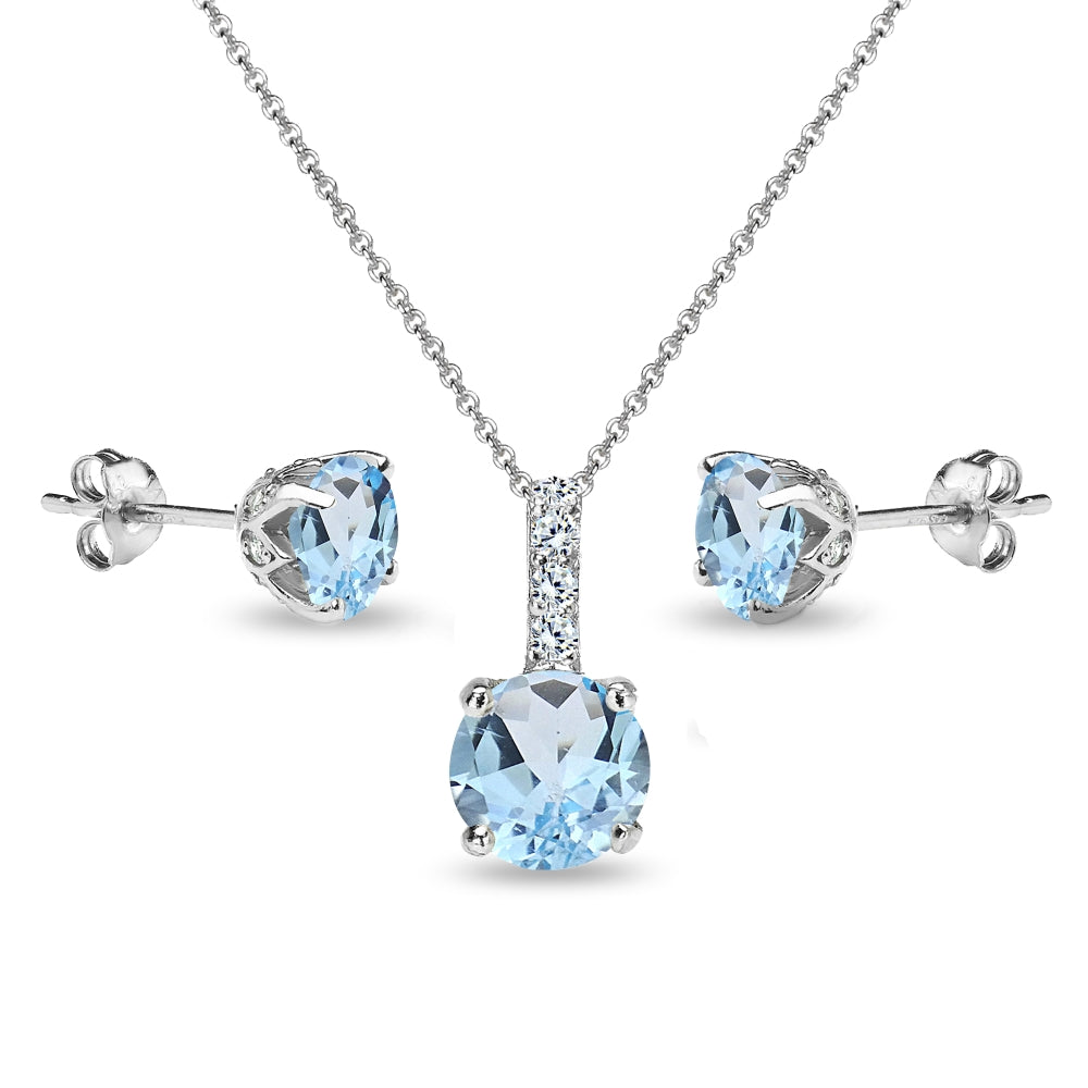 Sterling Silver Blue Topaz & White Topaz Round Crown Stud Earrings & Necklace Set-3