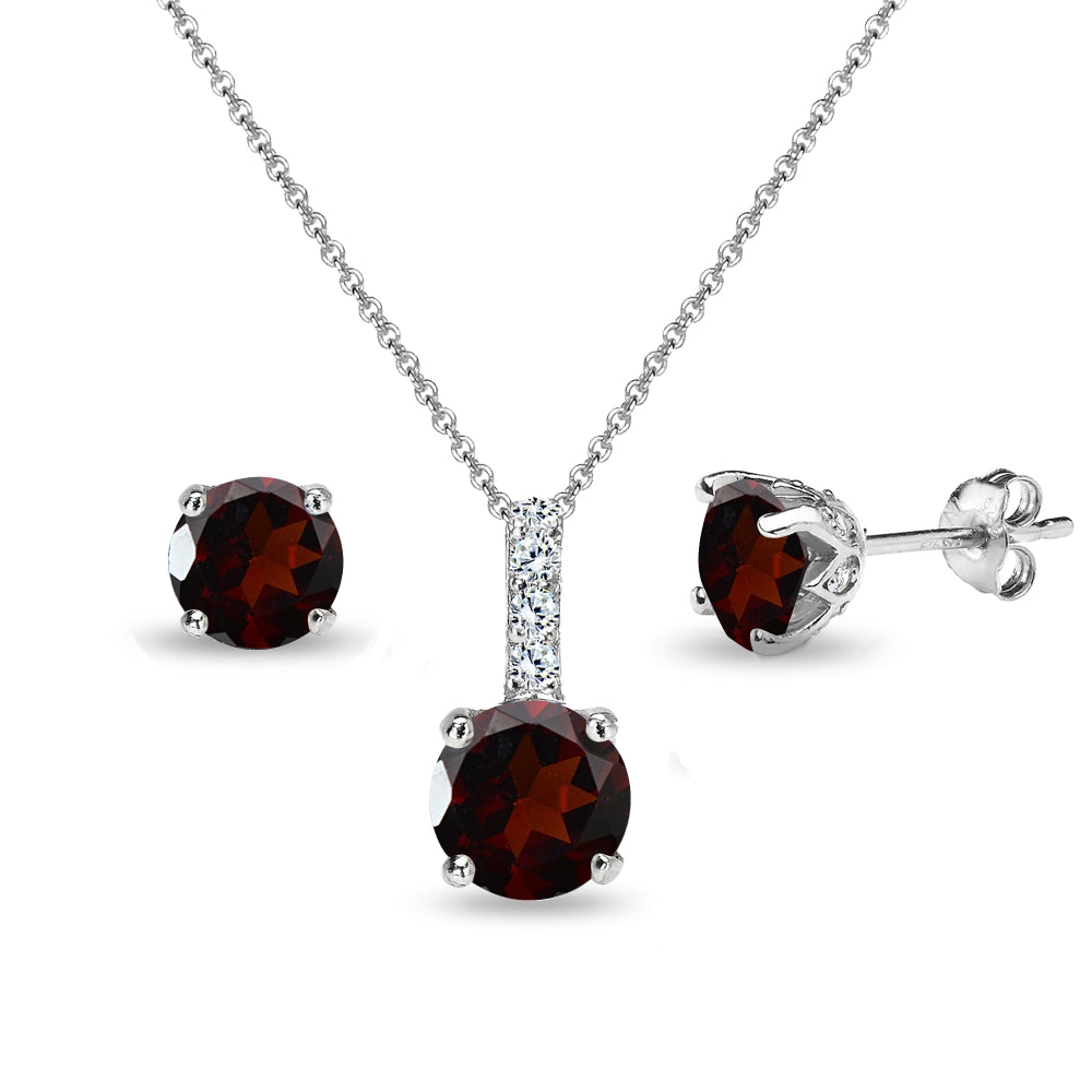 Sterling Silver Garnet & White Topaz Round Crown Stud Earrings & Necklace Set