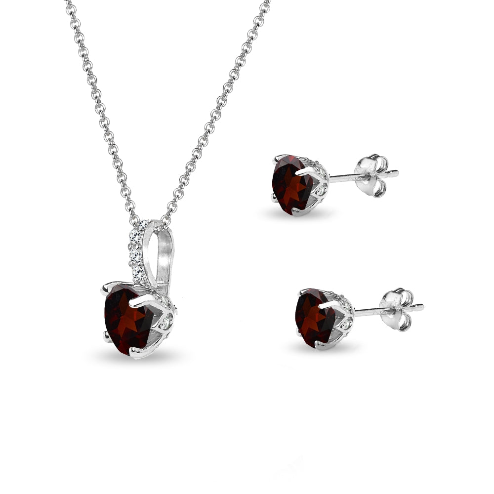 Sterling Silver Garnet & White Topaz Round Crown Stud Earrings & Necklace Set-2
