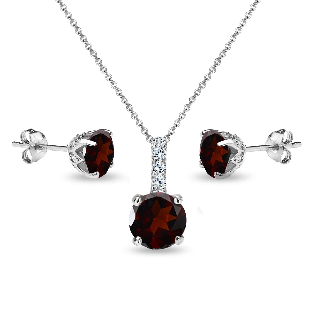 Sterling Silver Garnet & White Topaz Round Crown Stud Earrings & Necklace Set-3