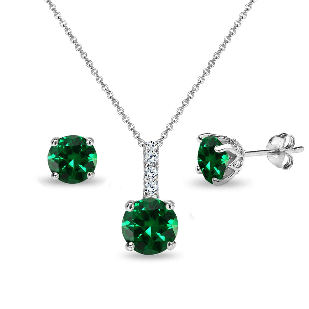 Sterling Silver Created Emerald & White Topaz Round Crown Stud Earrings & Necklace Set
