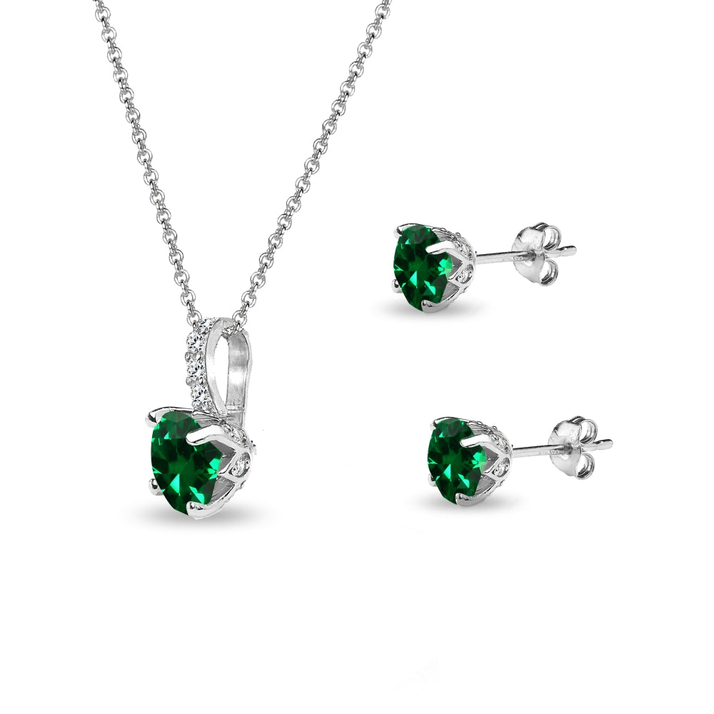 Sterling Silver Created Emerald & White Topaz Round Crown Stud Earrings & Necklace Set-2