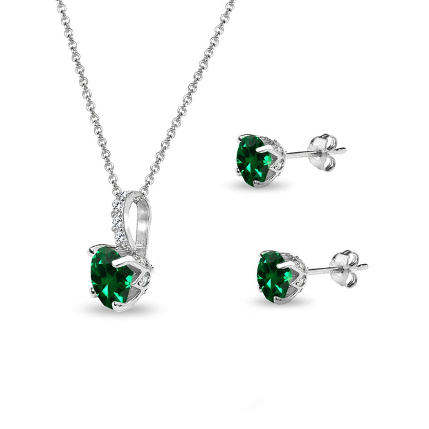 Sterling Silver Created Emerald & White Topaz Round Crown Stud Earrings & Necklace Set