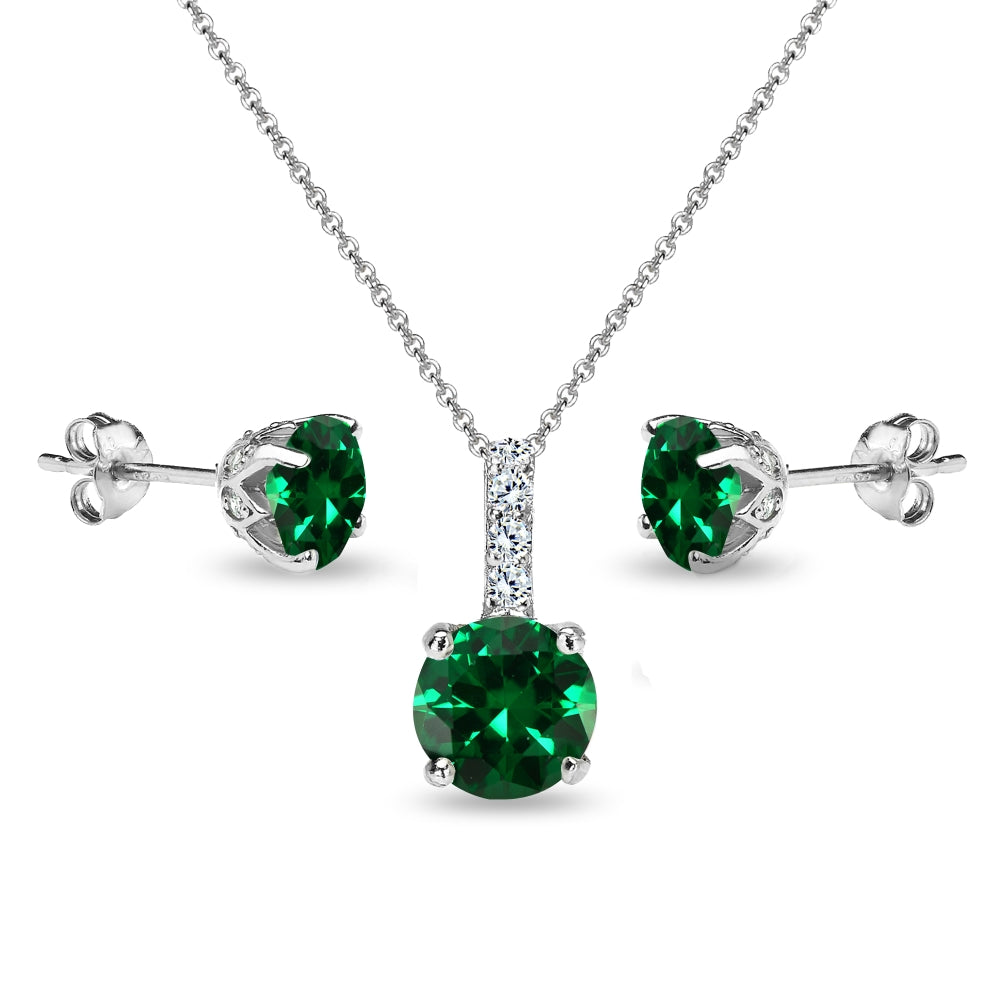 Sterling Silver Created Emerald & White Topaz Round Crown Stud Earrings & Necklace Set-3