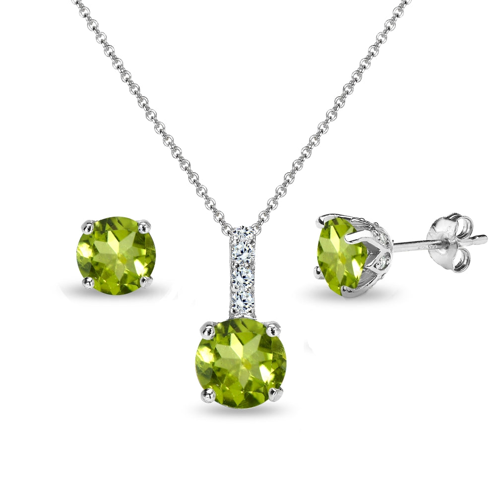 Sterling Silver Peridot & White Topaz Round Crown Stud Earrings & Necklace Set