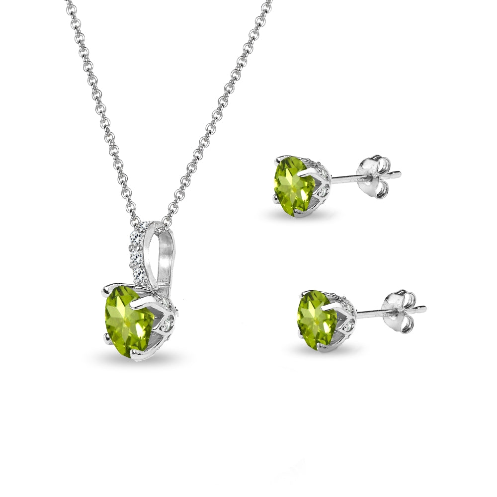 Sterling Silver Peridot & White Topaz Round Crown Stud Earrings & Necklace Set-2