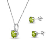 Sterling Silver Peridot & White Topaz Round Crown Stud Earrings & Necklace Set