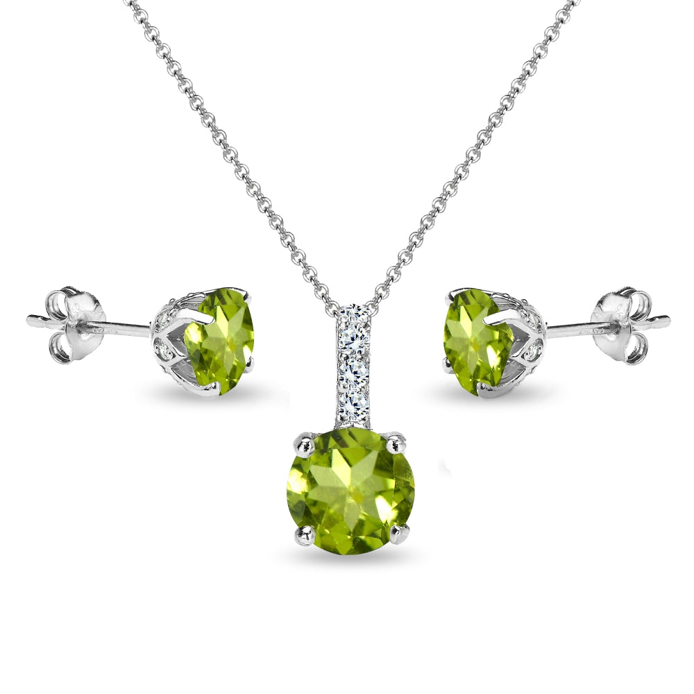 Sterling Silver Peridot & White Topaz Round Crown Stud Earrings & Necklace Set-3