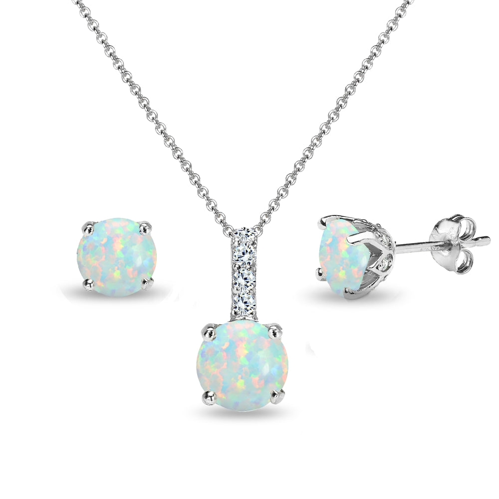 Sterling Silver Created White Opal & White Topaz Round Crown Stud Earrings & Necklace Set