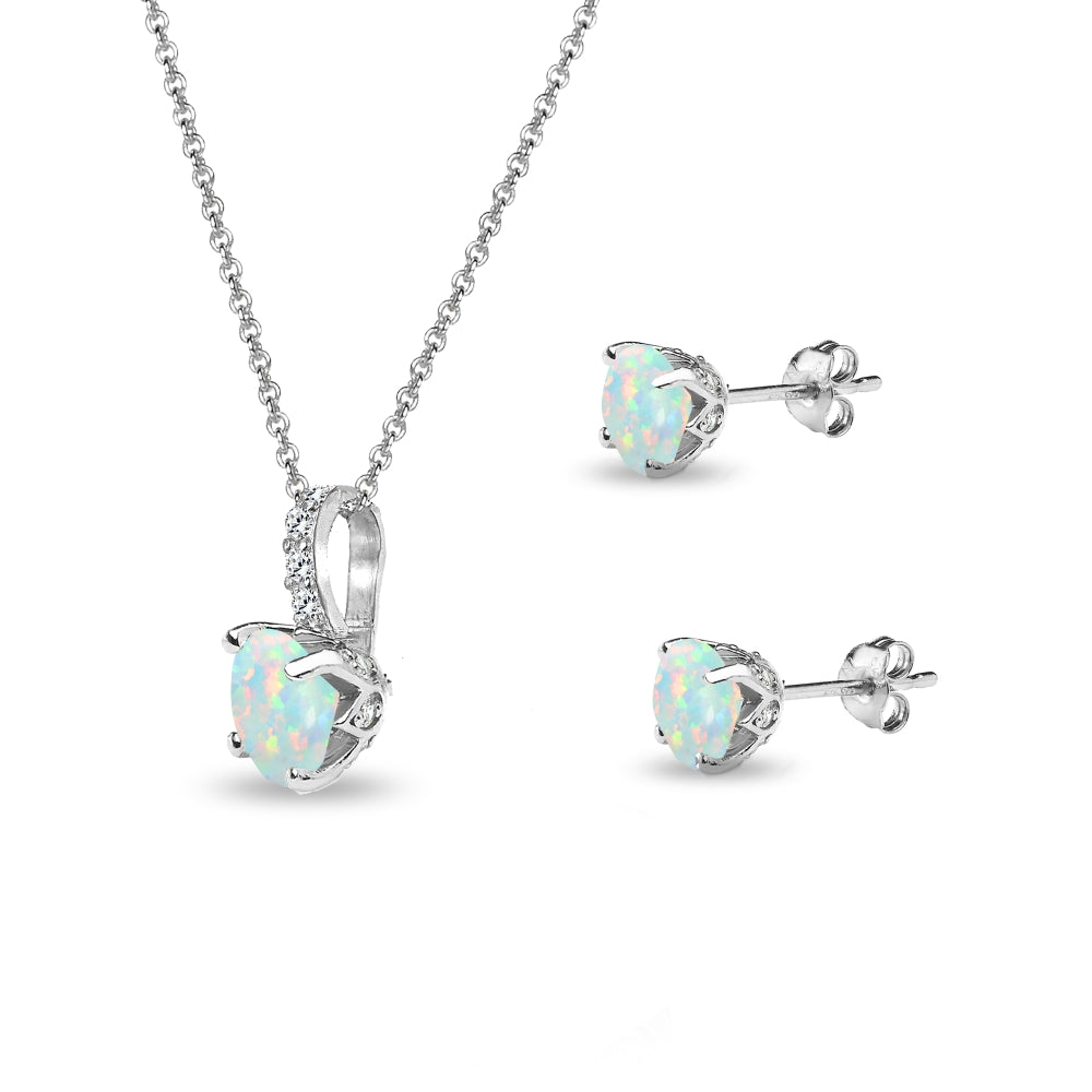 Sterling Silver Created White Opal & White Topaz Round Crown Stud Earrings & Necklace Set-2