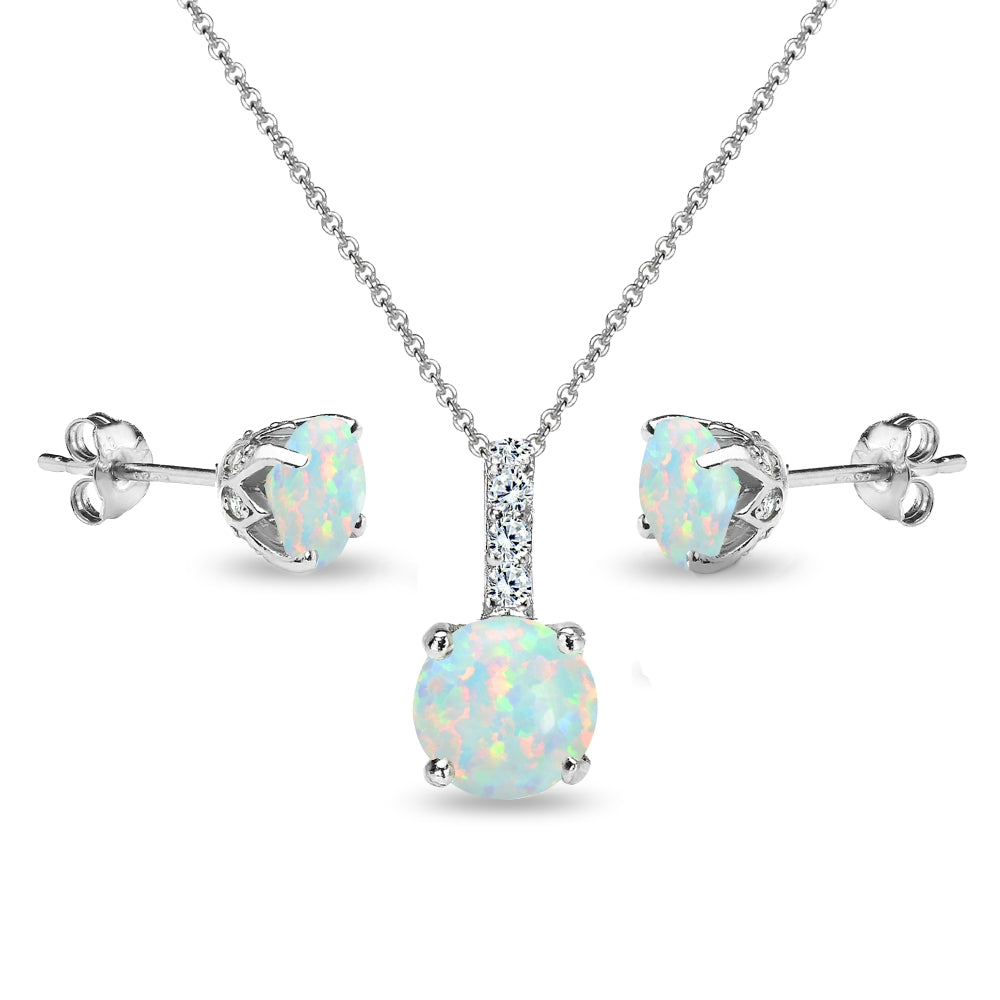 Sterling Silver Created White Opal & White Topaz Round Crown Stud Earrings & Necklace Set-3