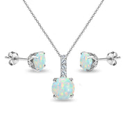 Sterling Silver Created White Opal & White Topaz Round Crown Stud Earrings & Necklace Set
