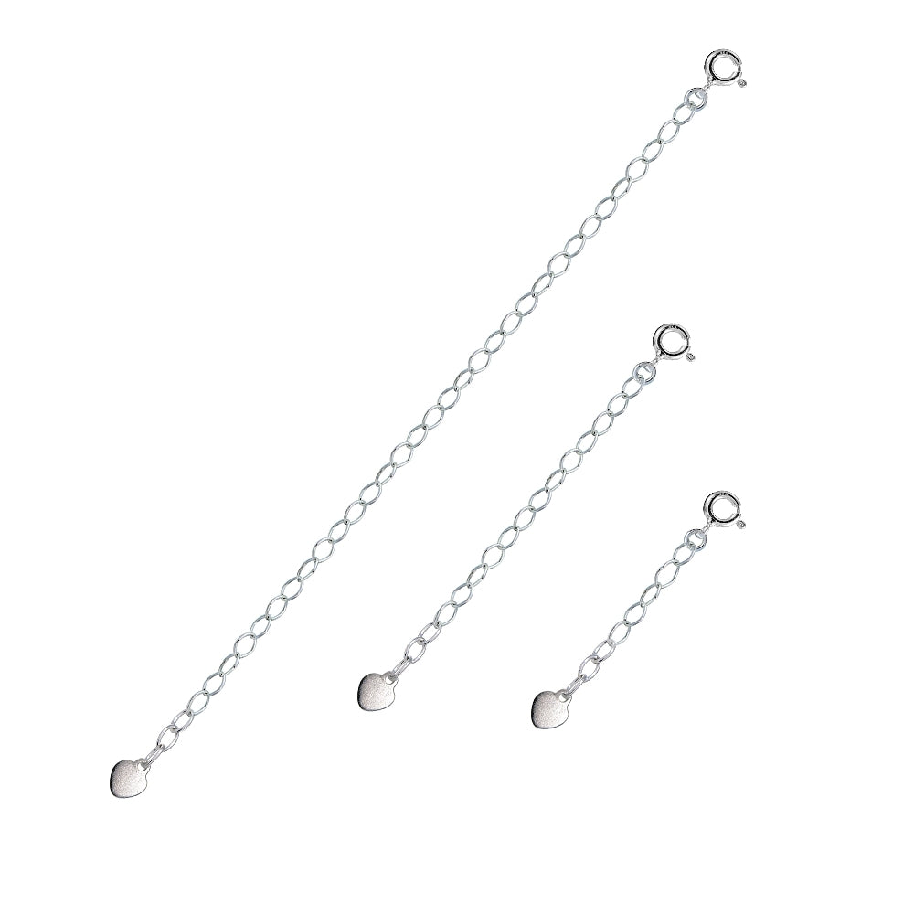 Sterling Silver Oval Link Extender Set for Pendants Necklaces w/ Flat Heart, 3 Sizes