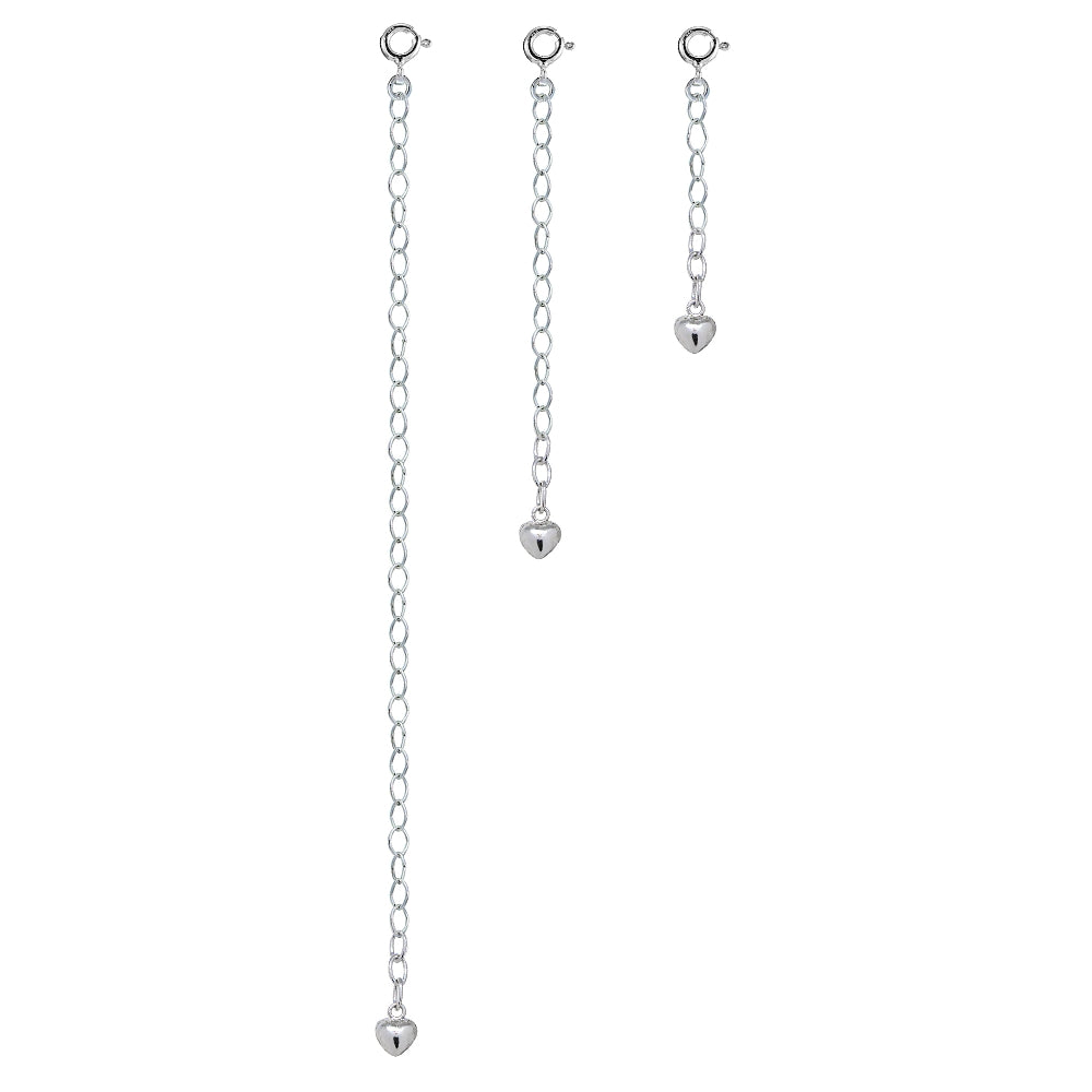 Sterling Silver Oval Link Extender Set for Pendants Necklaces w/ Puffed Heart, 3 Sizes-3