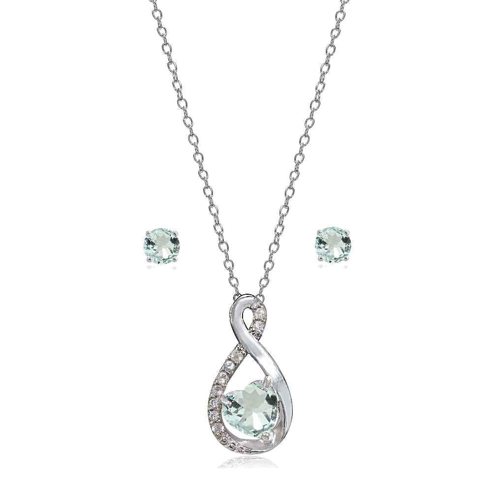 Sterling Silver Aquamarine & White Topaz Infinity Heart Necklace Earrings Set