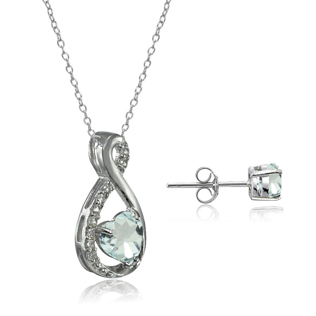 Sterling Silver Aquamarine & White Topaz Infinity Heart Necklace Earrings Set