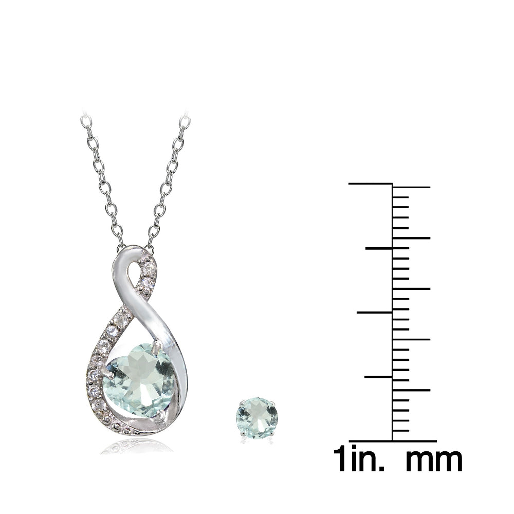 Sterling Silver Aquamarine & White Topaz Infinity Heart Necklace Earrings Set-3
