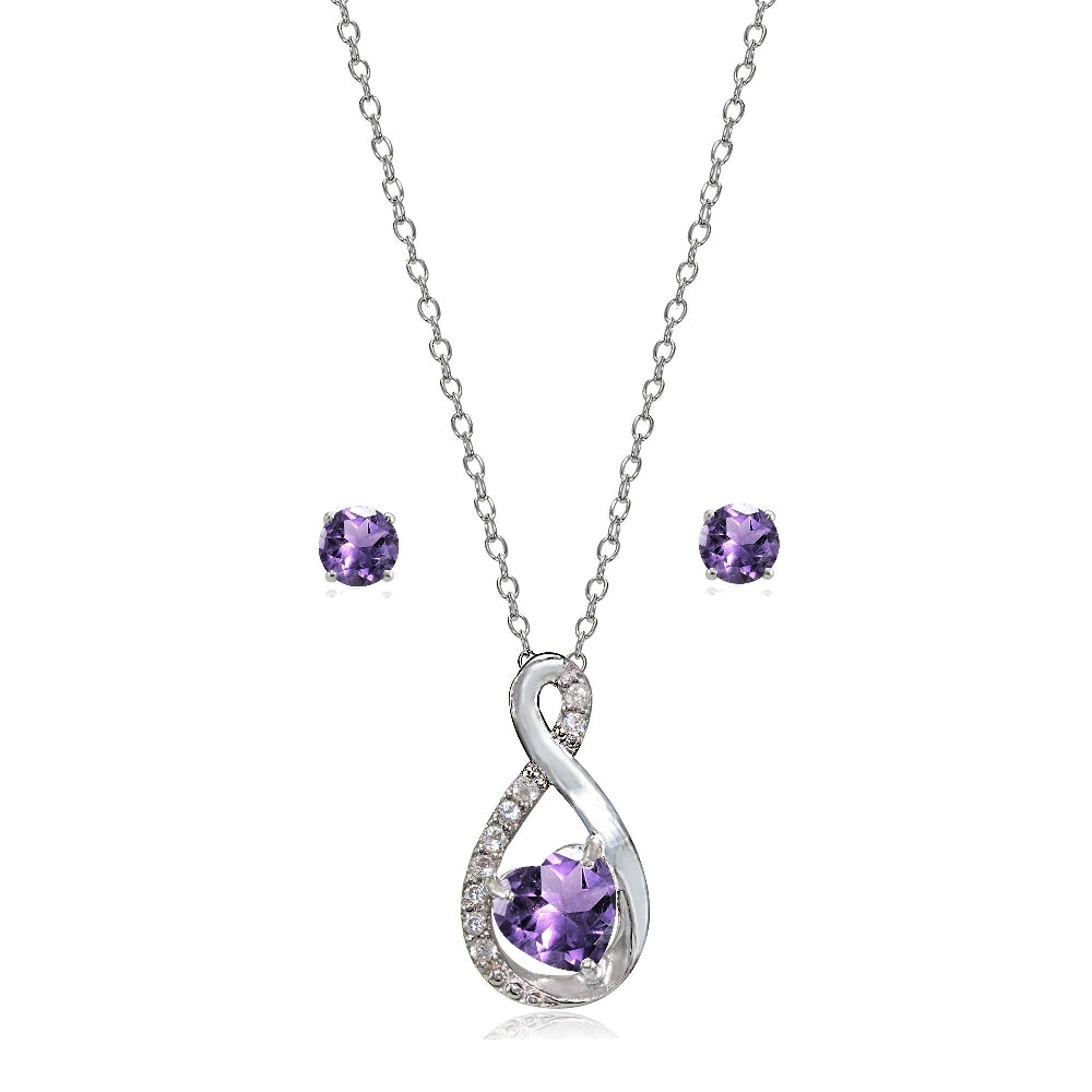 Sterling Silver Amethyst & White Topaz Infinity Heart Necklace Earrings Set
