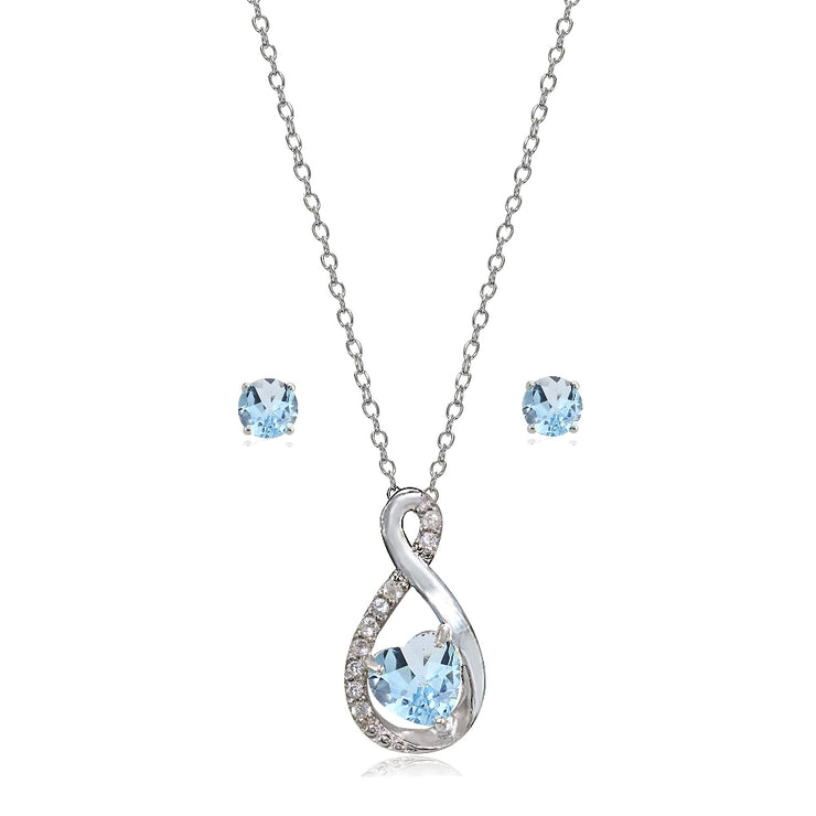 Sterling Silver Blue Toapz & White Topaz Infinity Heart Necklace Earrings Set