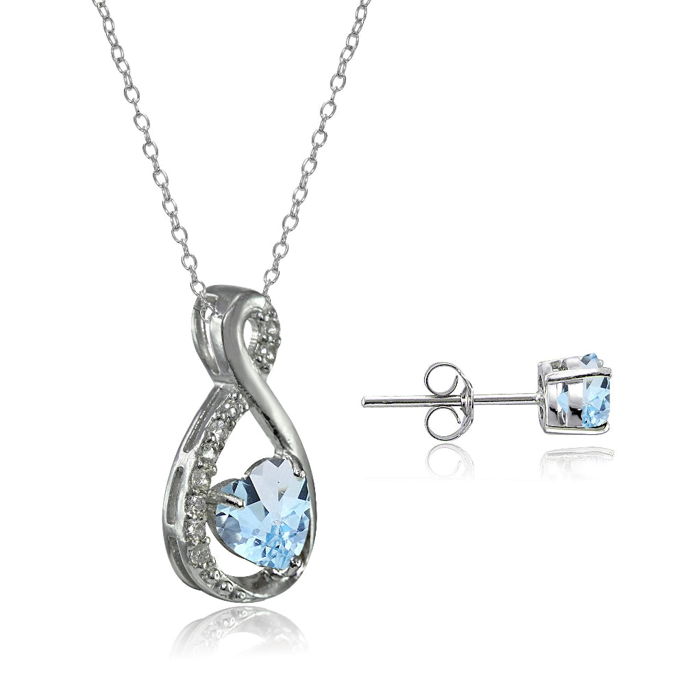Sterling Silver Blue Toapz & White Topaz Infinity Heart Necklace Earrings Set-2
