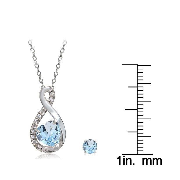 Sterling Silver Blue Toapz & White Topaz Infinity Heart Necklace Earrings Set