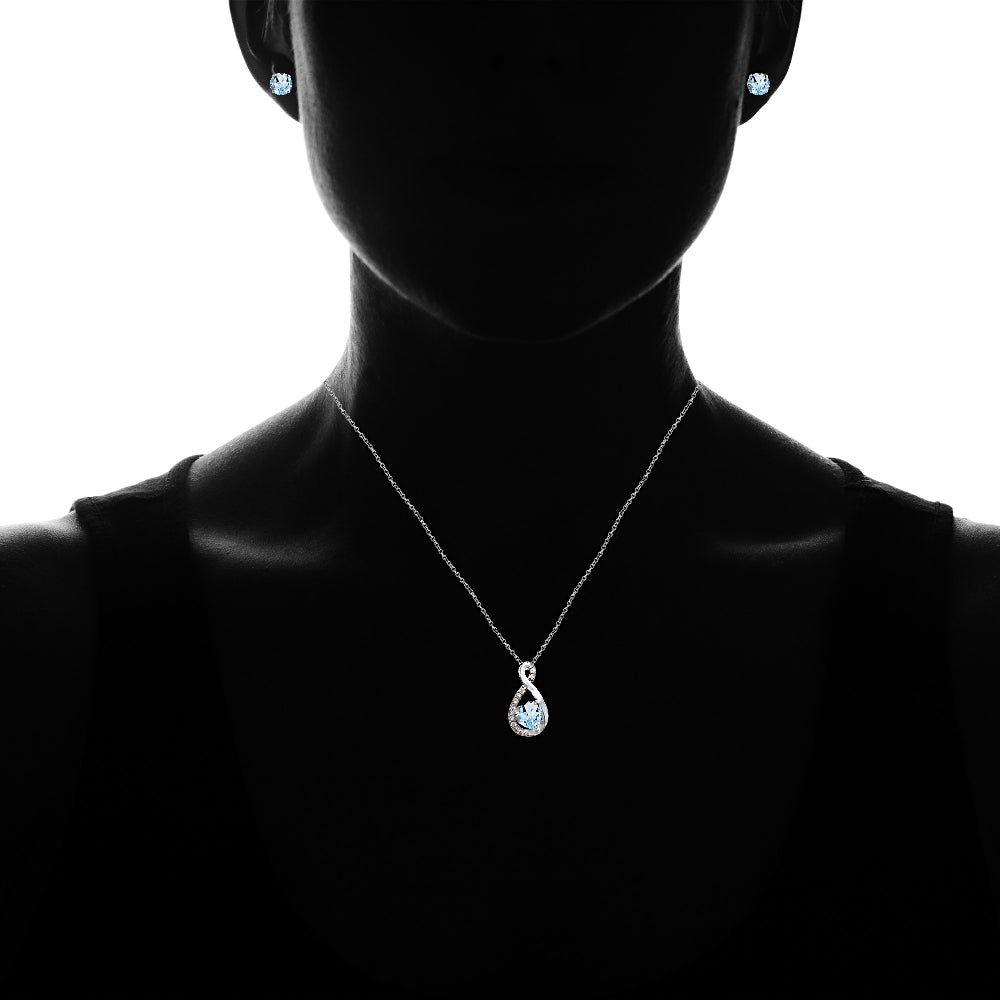 Sterling Silver Blue Toapz & White Topaz Infinity Heart Necklace Earrings Set-4