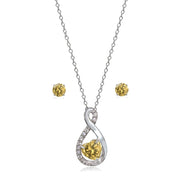 Sterling Silver Citrine & White Topaz Infinity Heart Necklace Earrings Set