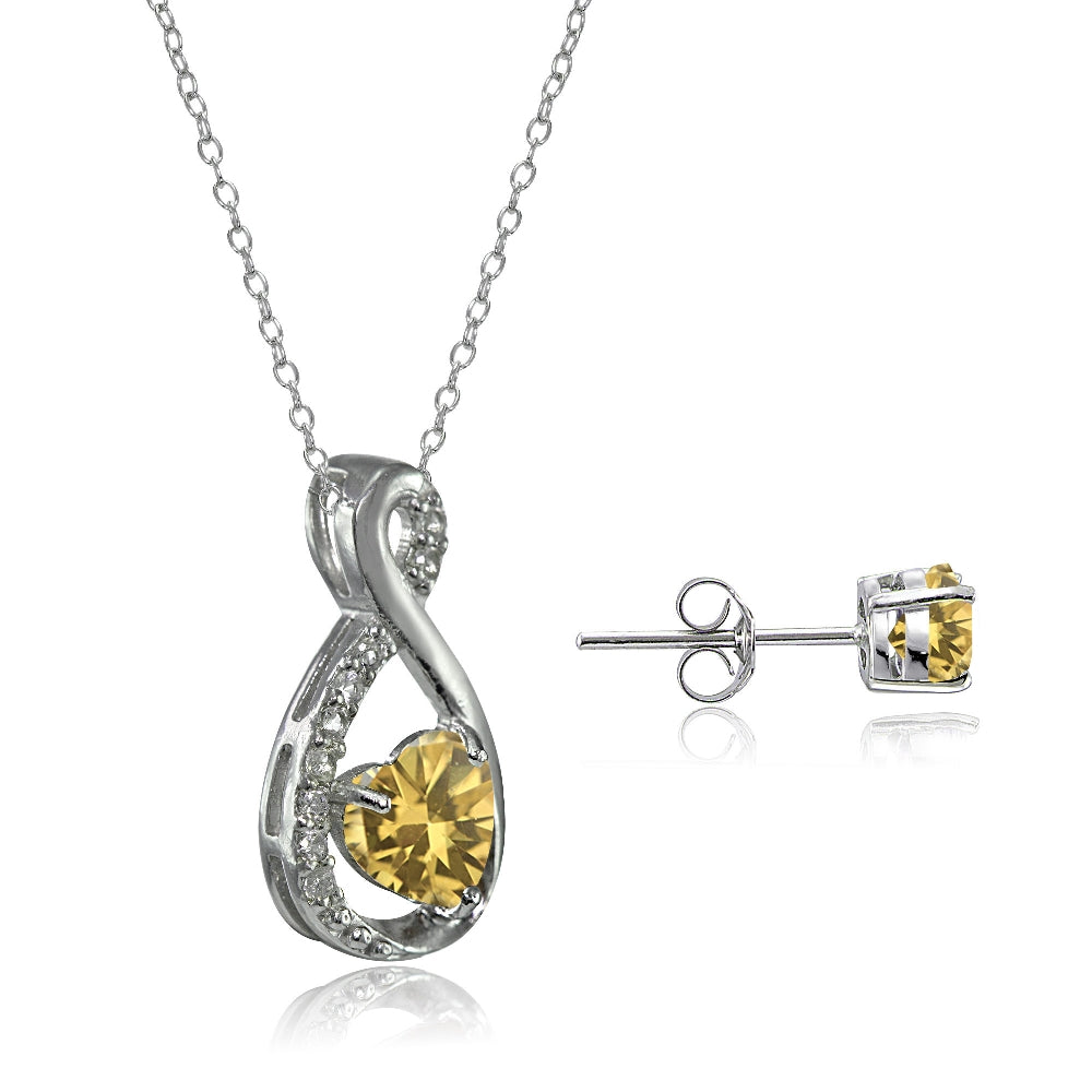 Sterling Silver Citrine & White Topaz Infinity Heart Necklace Earrings Set-2