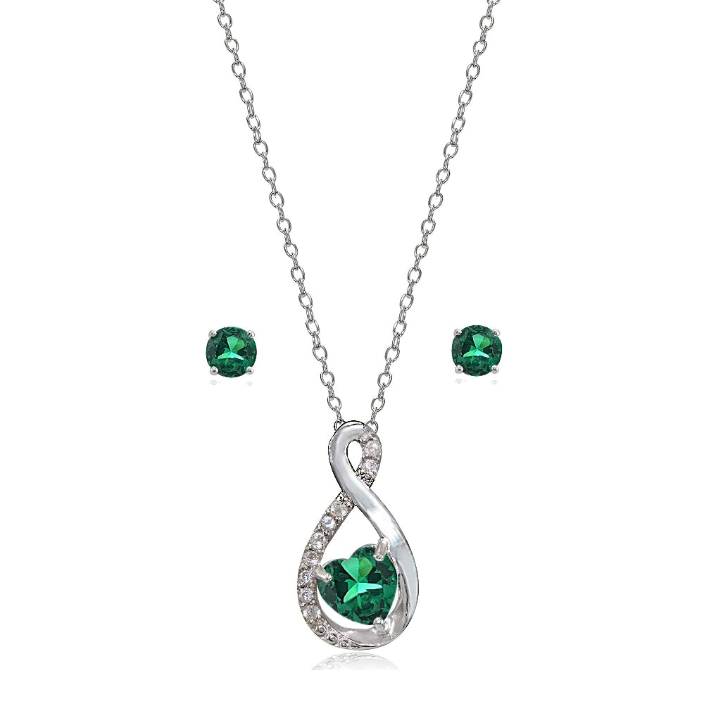 Sterling Silver Created Emerald & White Topaz Infinity Heart Necklace Earrings Set