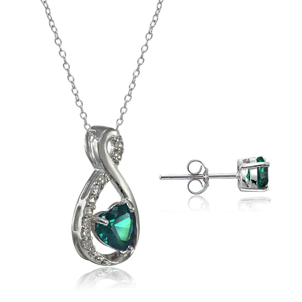 Sterling Silver Created Emerald & White Topaz Infinity Heart Necklace Earrings Set-2