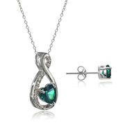 Sterling Silver Created Emerald & White Topaz Infinity Heart Necklace Earrings Set