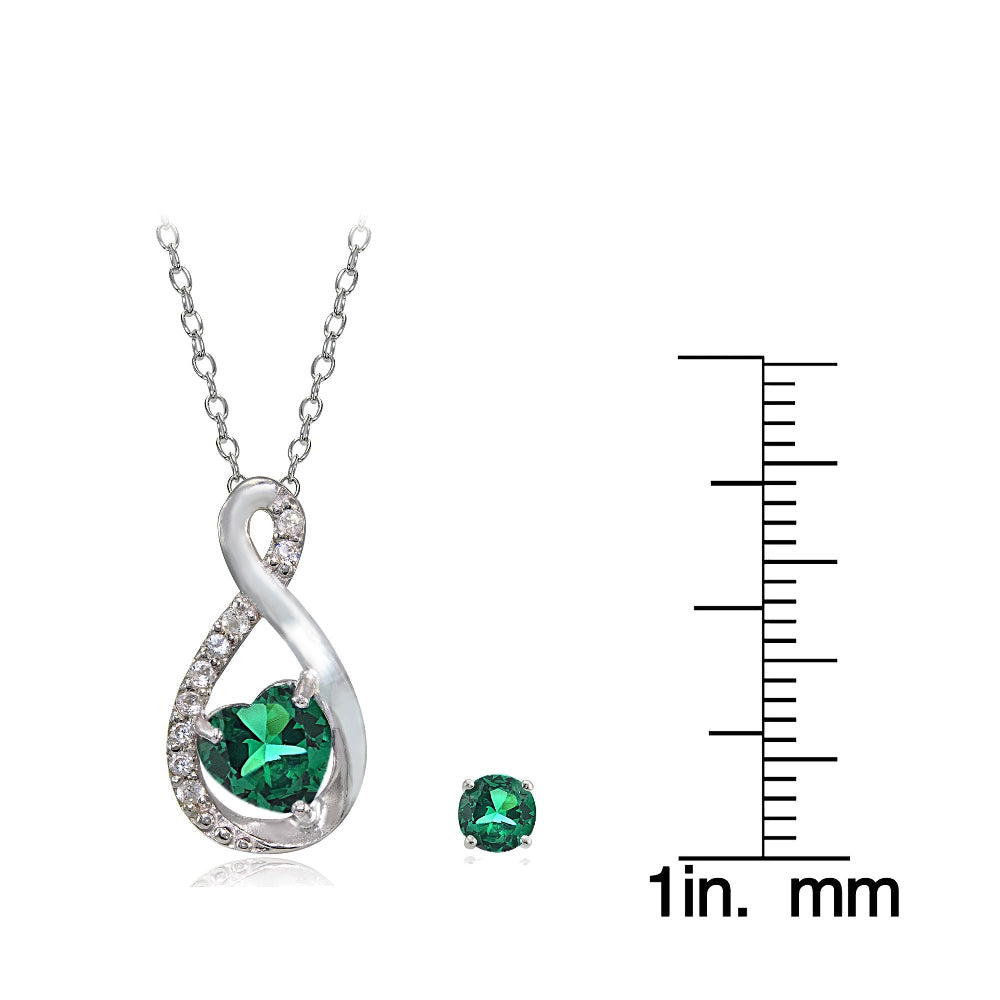 Sterling Silver Created Emerald & White Topaz Infinity Heart Necklace Earrings Set-3