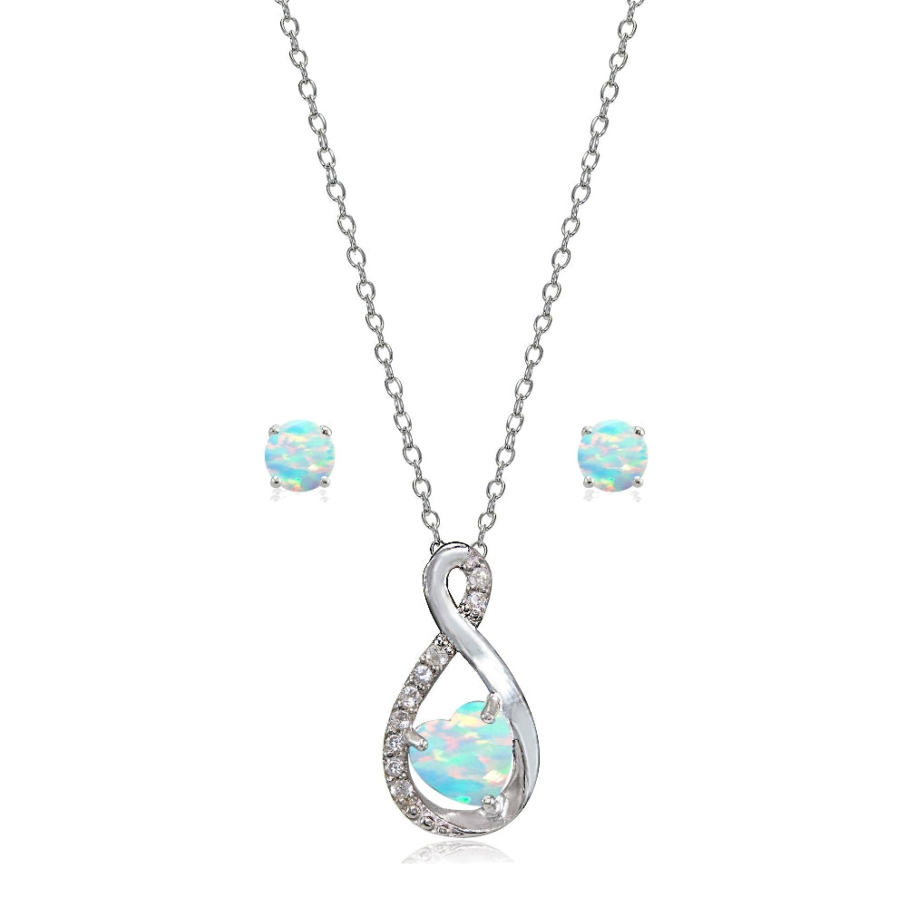 Sterling Silver Created White Opal & White Topaz Infinity Heart Necklace Earrings Set
