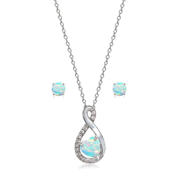 Sterling Silver Created White Opal & White Topaz Infinity Heart Necklace Earrings Set