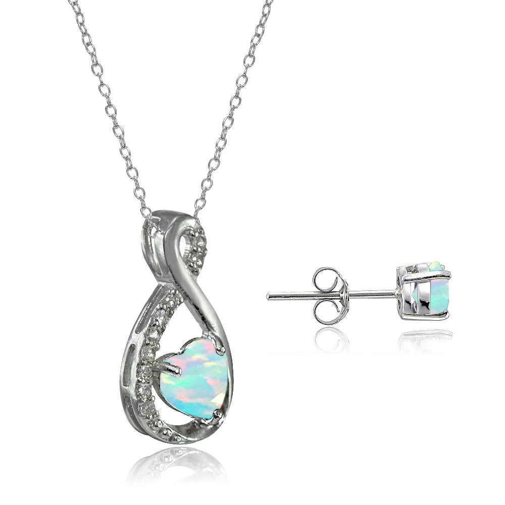 Sterling Silver Created White Opal & White Topaz Infinity Heart Necklace Earrings Set-2