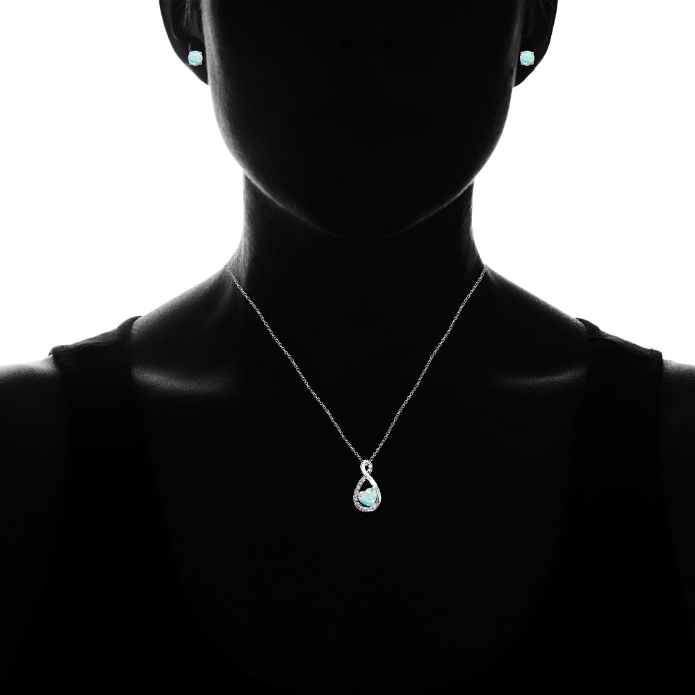 Sterling Silver Created White Opal & White Topaz Infinity Heart Necklace Earrings Set-4