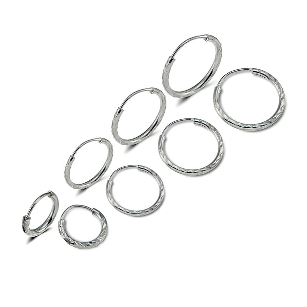 Sterling Silver 10mm, 12mm, 14mm & 16mm Diamond-Cut Endless Hoop Earrings, Set of 4