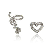 Sterling Silver Cubic Zirconia Heart Stud & LOVE Climber Crawler Earrings Set