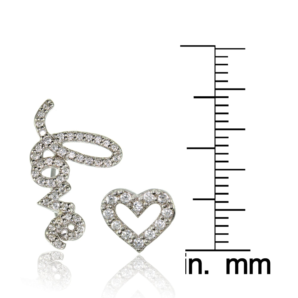 Sterling Silver Cubic Zirconia Heart Stud & LOVE Climber Crawler Earrings Set-3