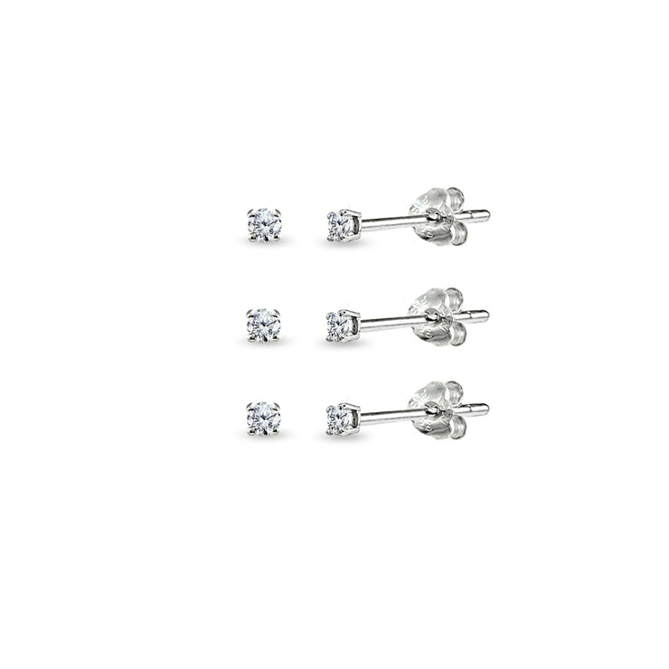 Sterling Silver Cubic Zirconia set of 3 Round 2mm Stud Earrings
