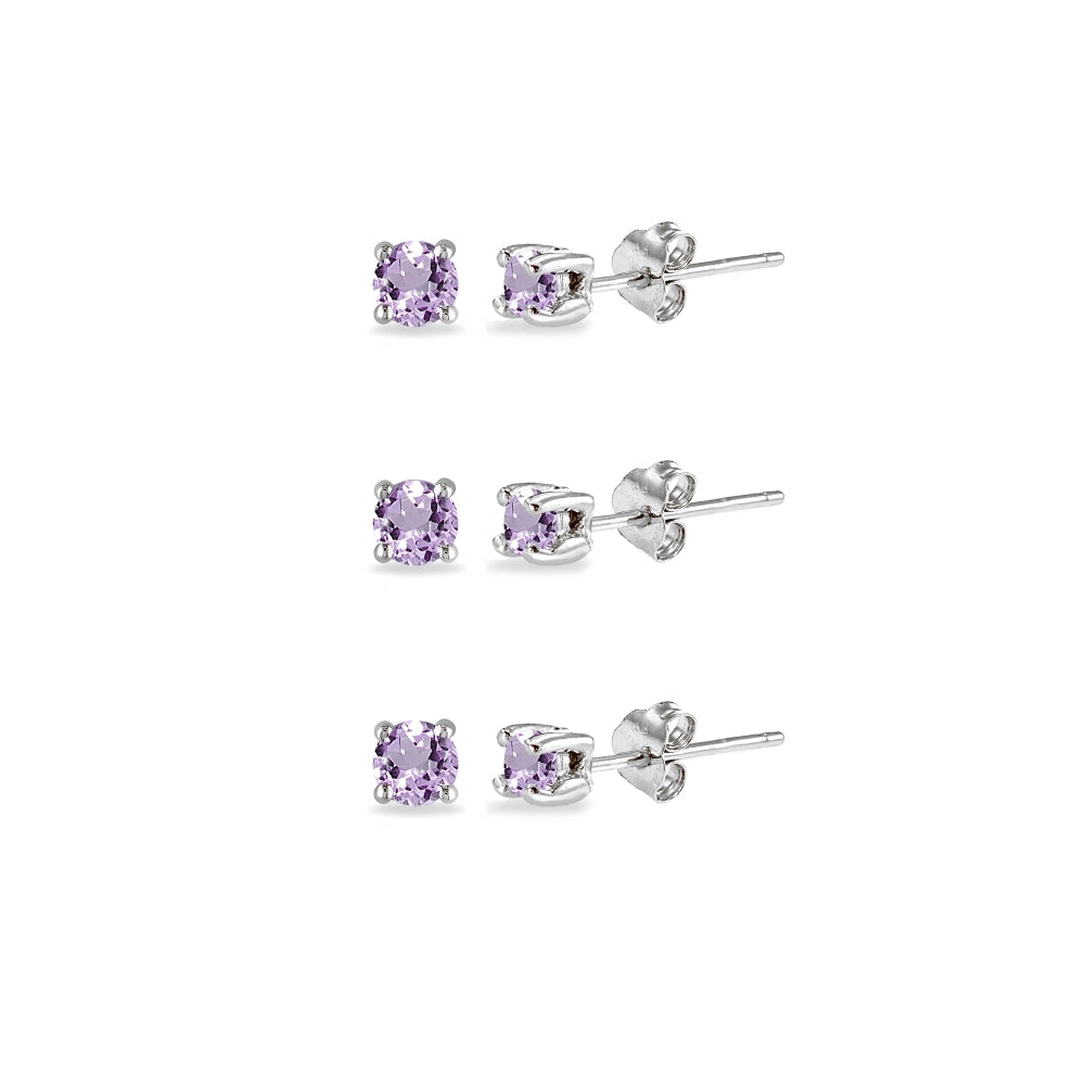 3-Pair Set Sterling Silver Amethyst 2mm Round Stud Earrings